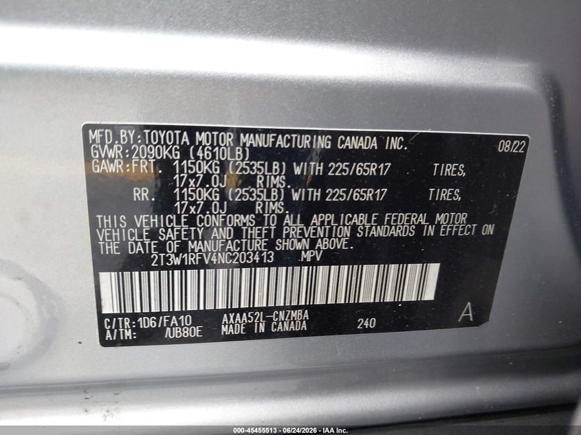 2022 TOYOTA RAV 4 SPORT UTILITY VEHICLE 2.5L I-4 DI, DOHC, VVT, 203HP