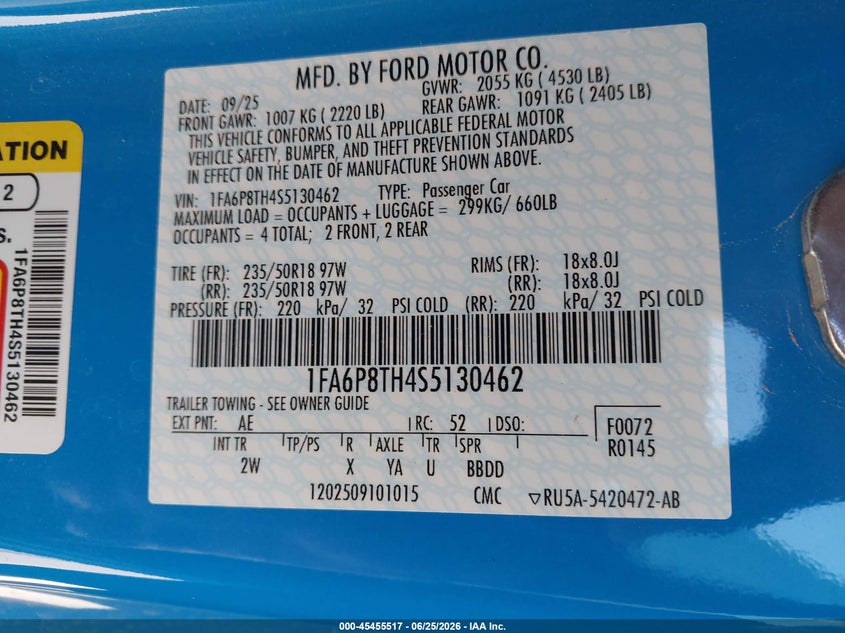 2025 FORD MUSTANG COUPE 2.3L I-4 DI, DOHC, VVT, TURBO, 315HP