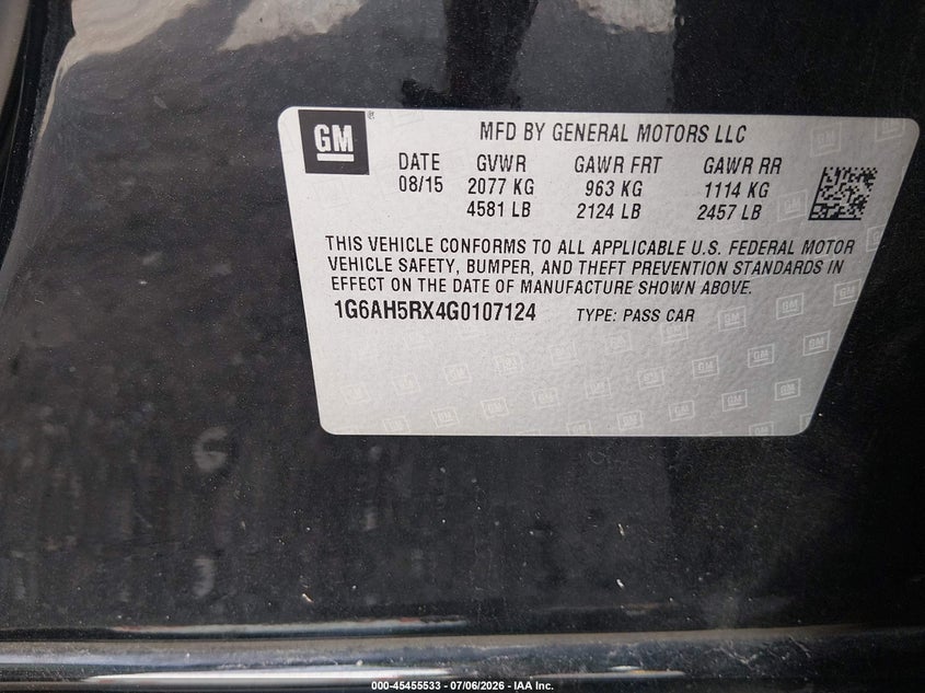 2016 Cadillac Ats Luxury Collection VIN: 1G6AH5RX4G0107124 Lot: 45455533
