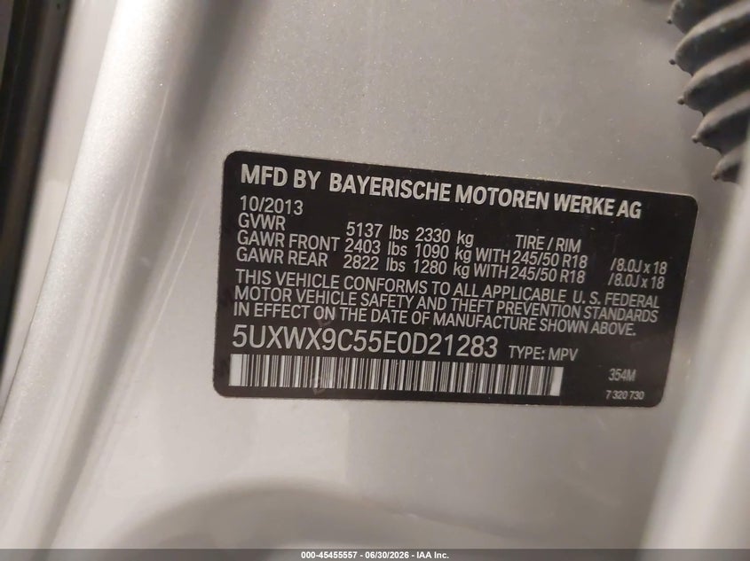 2014 BMW X3 xDrive28I VIN: 5UXWX9C55E0D21283 Lot: 45455557