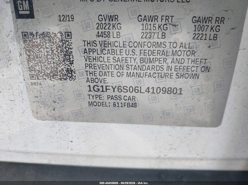 2020 Chevrolet Bolt Ev Fwd Lt VIN: 1G1FY6S06L4109801 Lot: 45455606