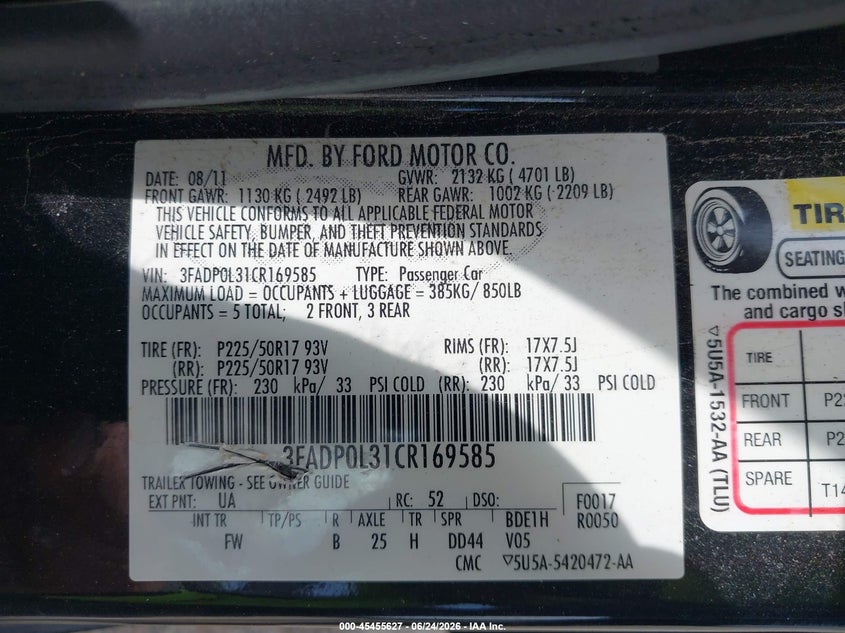 2012 FORD FUSION SEDAN 2.5L I-4 DOHC, VVT, 156HP