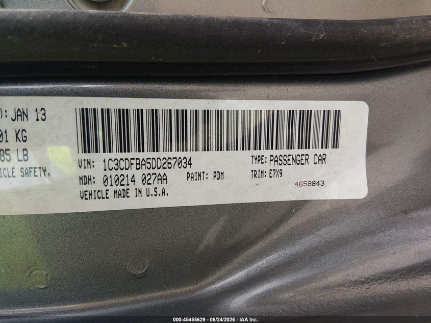 2013 Dodge Dart Sxt VIN: 1C3CDFBA5DD267034 Lot: 45455629