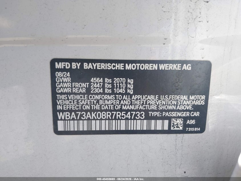 2024 BMW 228I Gran Coupe xDrive VIN: WBA73AK08R7R54733 Lot: 45455669