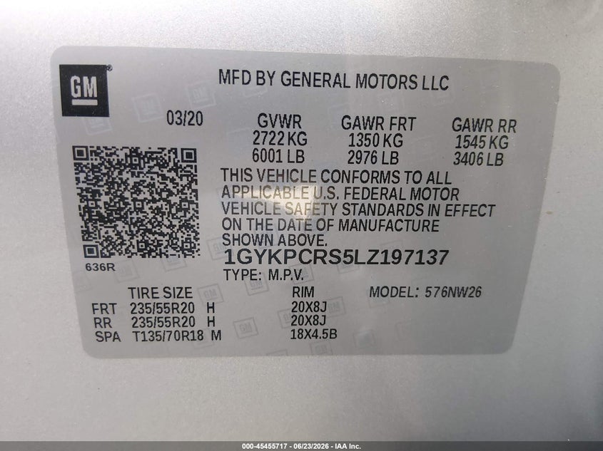 2020 Cadillac Xt6 Fwd Premium Luxury VIN: 1GYKPCRS5LZ197137 Lot: 45455717