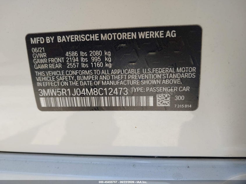 2021 BMW 330I VIN: 3MW5R1J04M8C12473 Lot: 45455757