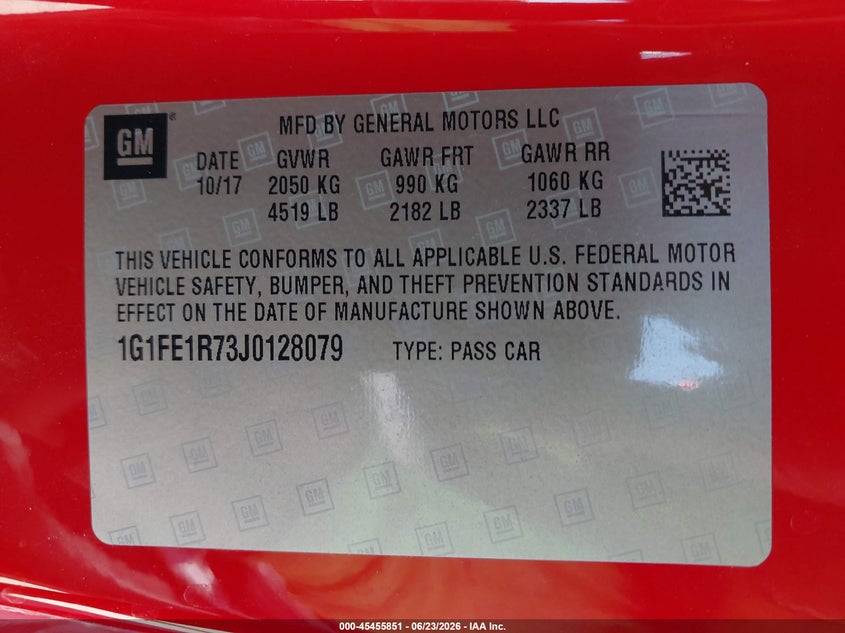 2018 Chevrolet Camaro 1Ss VIN: 1G1FE1R73J0128079 Lot: 45455851