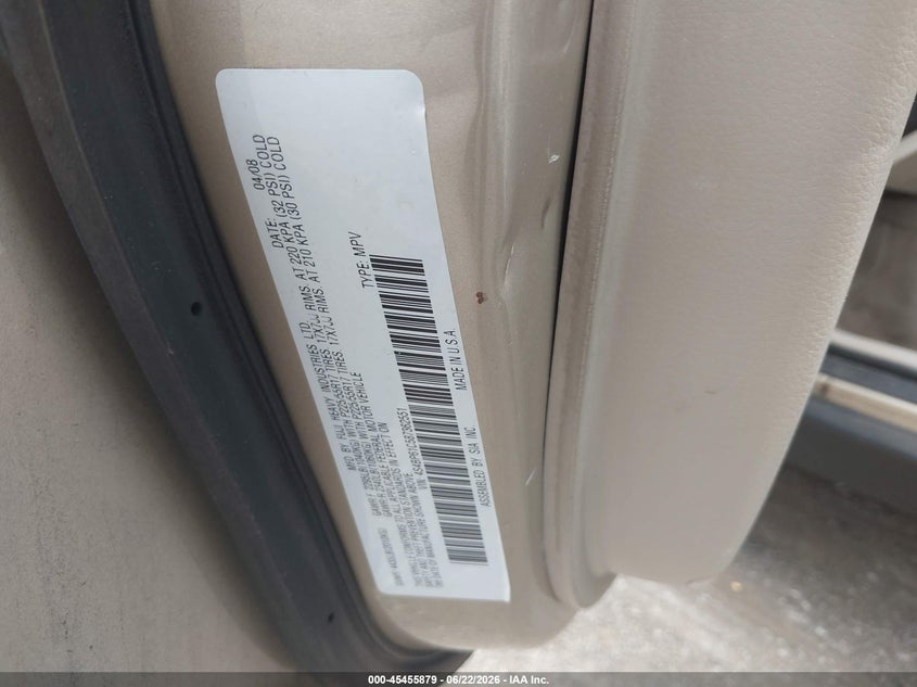 SUBARU OUTBACK (NATL) 2008 VIN 4S4BP61C587362551