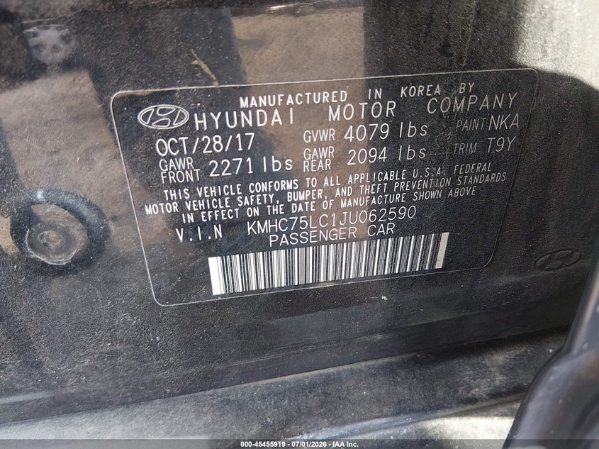 2018 Hyundai Ioniq Hybrid Sel VIN: KMHC75LC1JU062590 Lot: 45455919