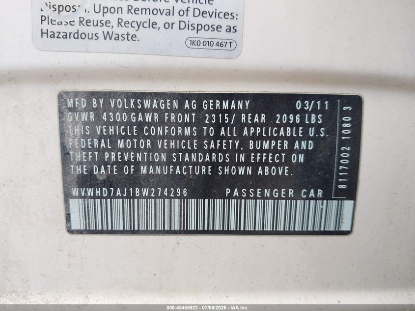 2011 Volkswagen Gti 4-Door Autobahn VIN: WVWHD7AJ1BW274296 Lot: 45455922