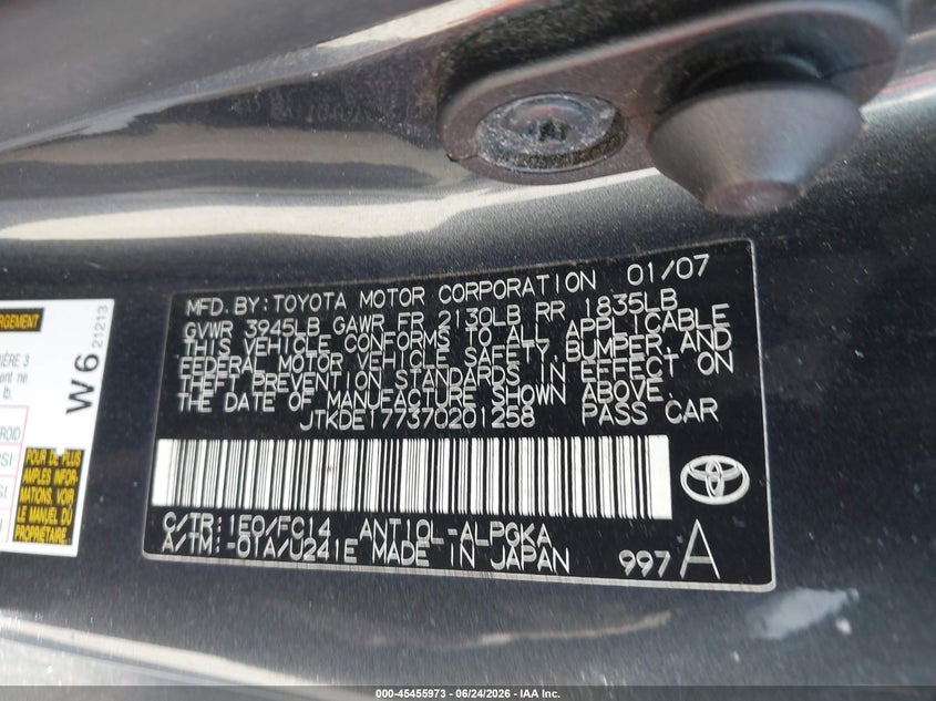 2007 Scion Tc VIN: JTKDE177370201258 Lot: 45455973