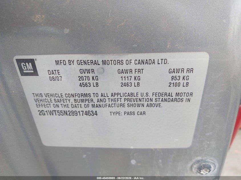 2008 Chevrolet Impala Lt VIN: 2G1WT55N289174634 Lot: 45455989