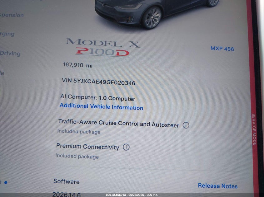2016 Tesla Model X 60D/P100D/P90D VIN: 5YJXCAE49GF020346 Lot: 45456013
