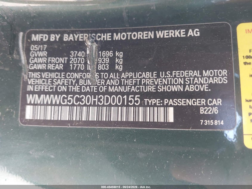 2017 Mini Convertible Cooper VIN: WMWWG5C30H3D00155 Lot: 45456015