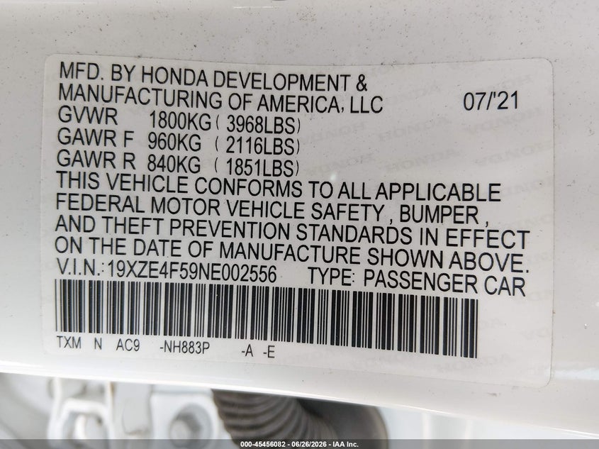 2022 Honda Insight Ex VIN: 19XZE4F59NE002556 Lot: 45456082