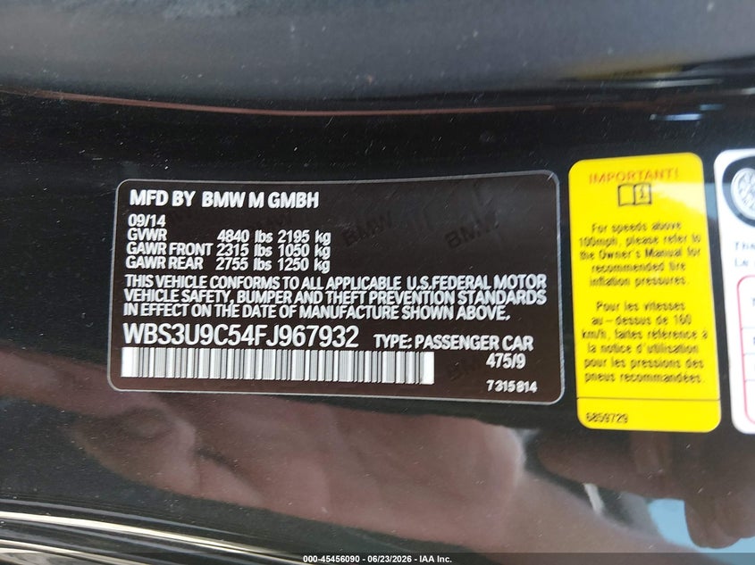 2015 BMW M4 VIN: WBS3U9C54FJ967932 Lot: 45456090
