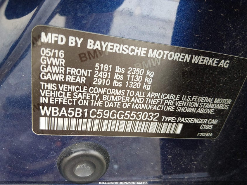 BMW 535I 2016 VIN WBA5B1C59GG553032