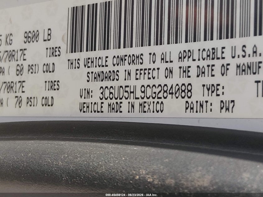 RAM 2500 2012 VIN 3C6UD5HL9CG284088