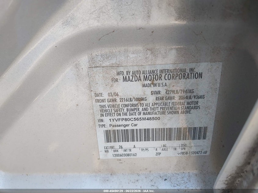 2006 Mazda Mazda6 I VIN: 1YVFP80C565M48500 Lot: 45456129
