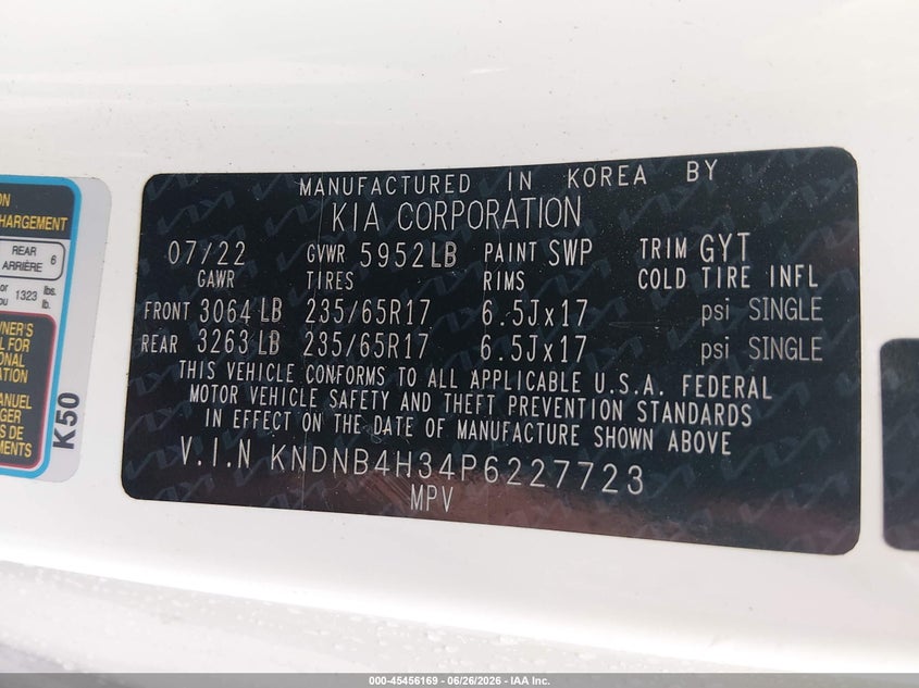 2023 Kia Carnival Mpv Lx Seat Package VIN: KNDNB4H34P6227723 Lot: 45456169