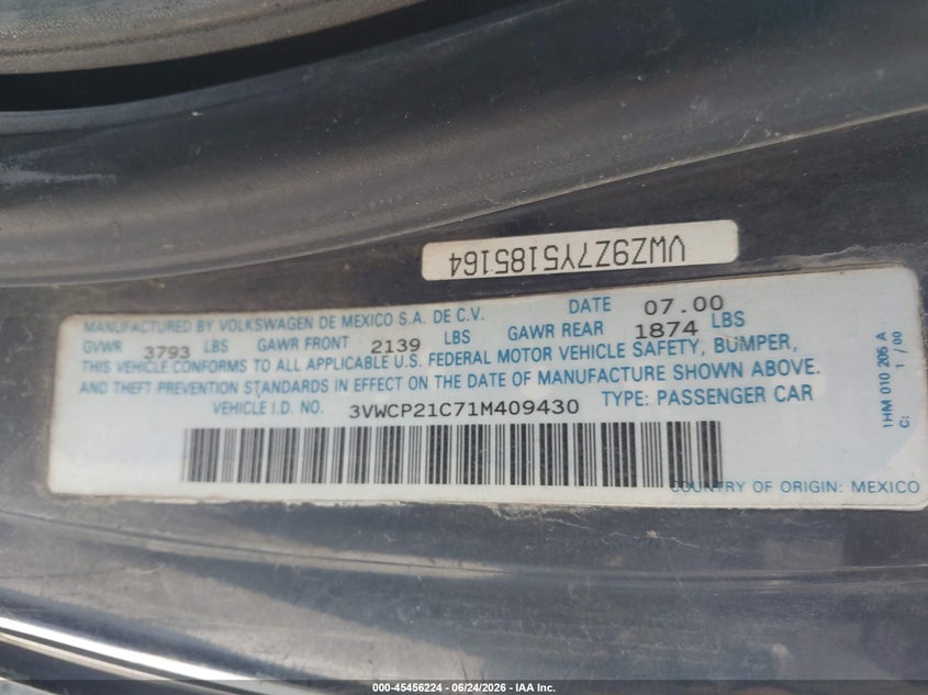 2001 Volkswagen New Beetle Gls Tdi VIN: 3VWCP21C71M409430 Lot: 45456224