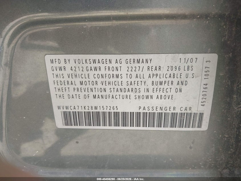 2008 Volkswagen Rabbit S VIN: WVWCA71K28W157265 Lot: 45456298