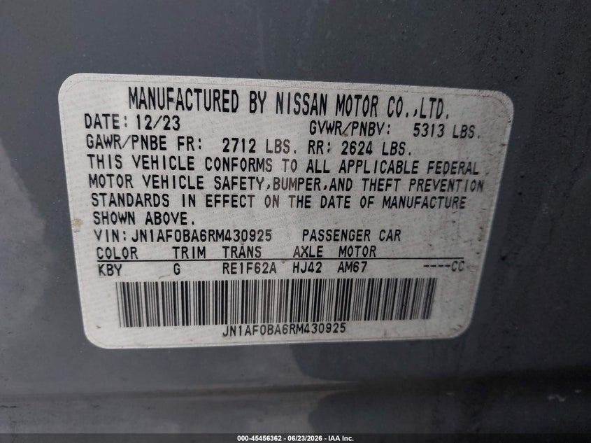 2024 Nissan Ariya Engage VIN: JN1AF0BA6RM430925 Lot: 45456362