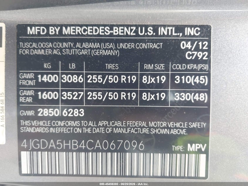 2012 Mercedes-Benz Ml 350 4Matic VIN: 4JGDA5HB4CA067096 Lot: 45456380