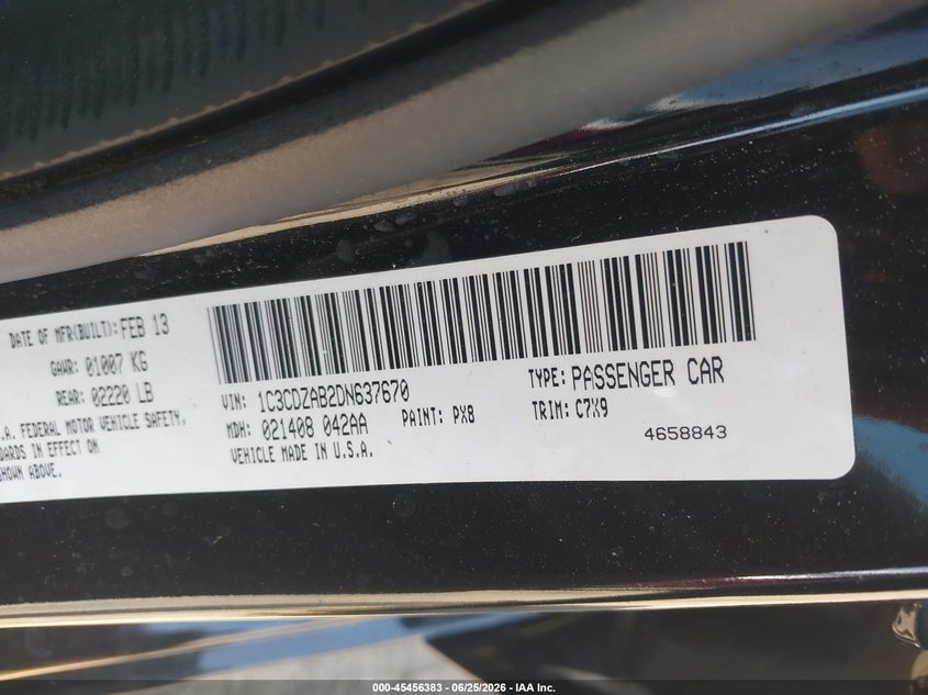 2013 Dodge Avenger Se VIN: 1C3CDZAB2DN637670 Lot: 45456383