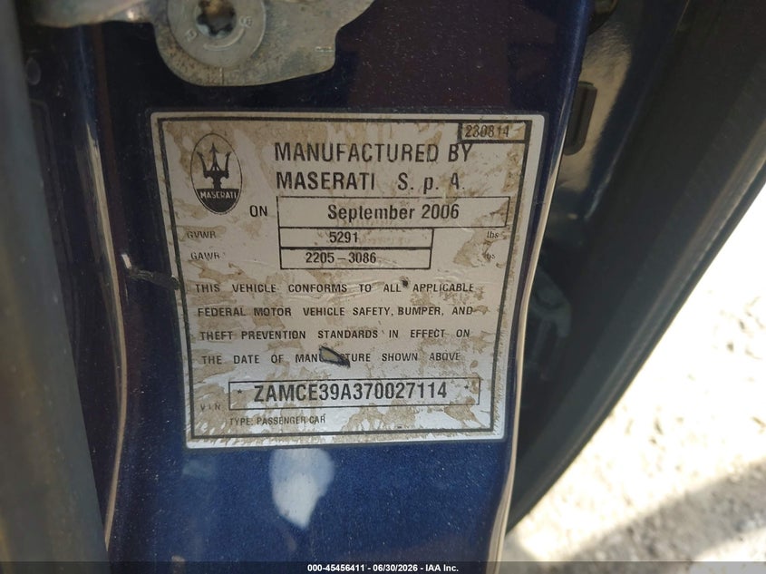 2007 Maserati Quattroporte Base Duoselect/Executive Duoselect/Sport Gt Duoselect VIN: ZAMCE39A370027114 Lot: 45456411