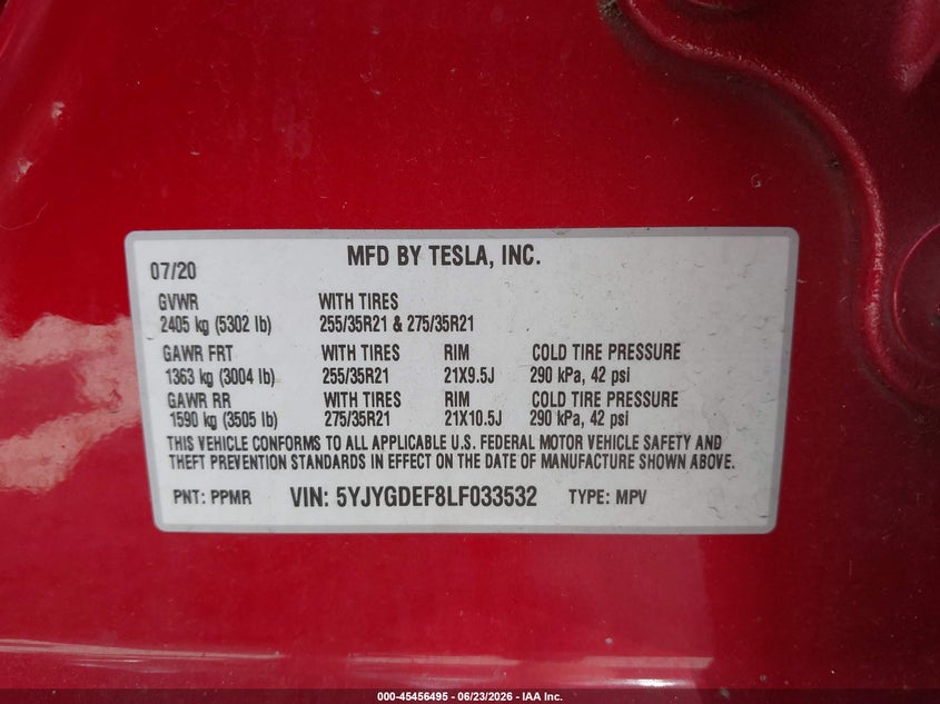 2020 Tesla Model Y Long Range Dual Motor All-Wheel Drive/Performance Dual Motor All-Wheel Drive VIN: 5YJYGDEF8LF033532 Lot: 45456495