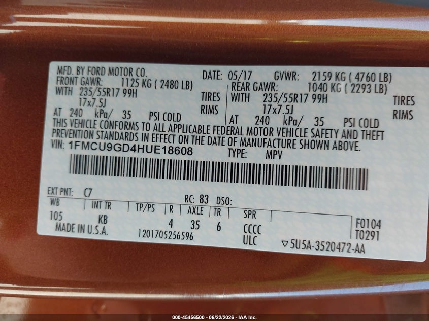 2017 Ford Escape Se VIN: 1FMCU9GD4HUE18608 Lot: 45456500