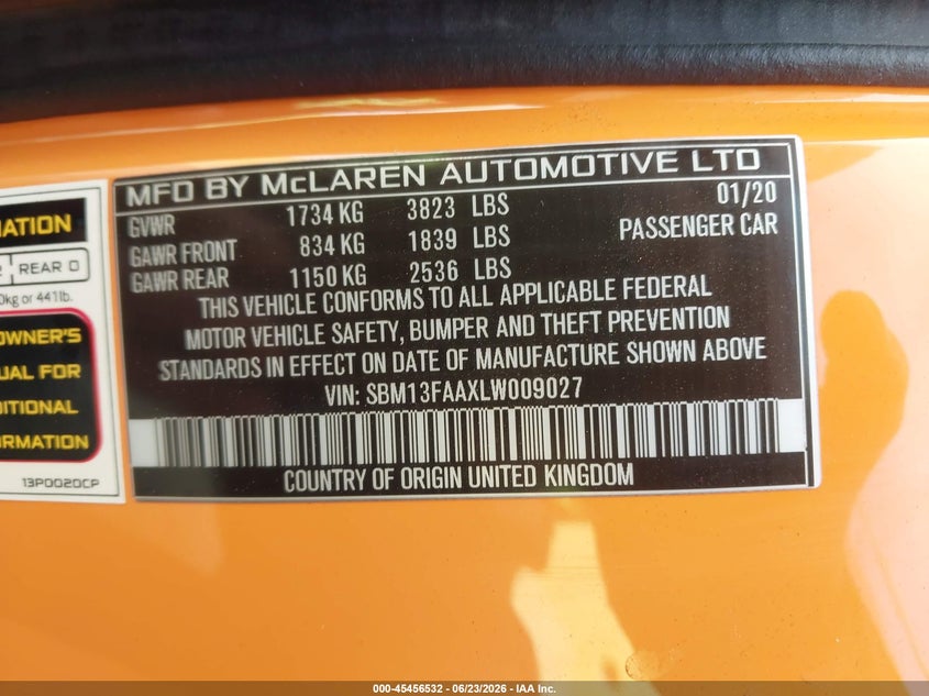 2020 Mclaren 570S VIN: SBM13FAAXLW009027 Lot: 45456532