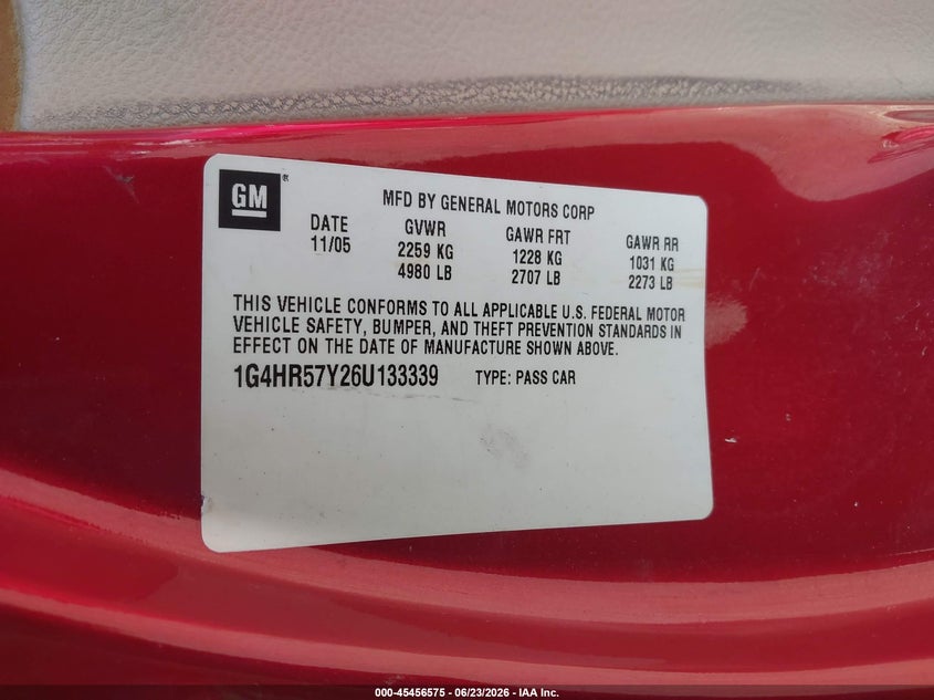 2006 Buick Lucerne Cxl VIN: 1G4HR57Y26U133339 Lot: 45456575