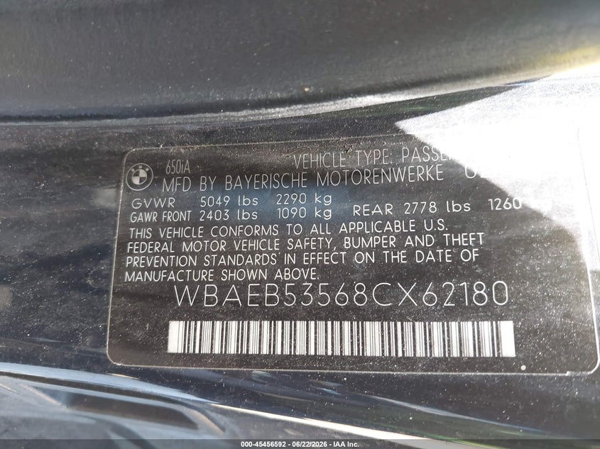 2008 BMW 650I VIN: WBAEB53568CX62180 Lot: 45456592