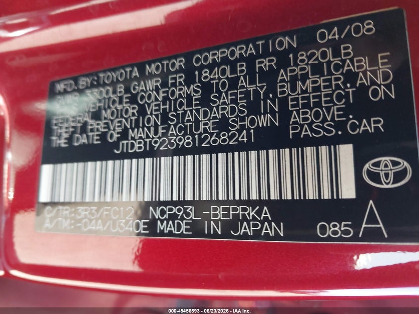 2008 Toyota Yaris VIN: JTDBT923981268241 Lot: 45456593
