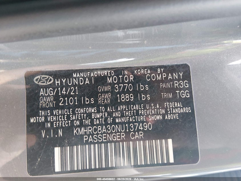 2022 Hyundai Venue Sel VIN: KMHRC8A30NU137490 Lot: 45456602
