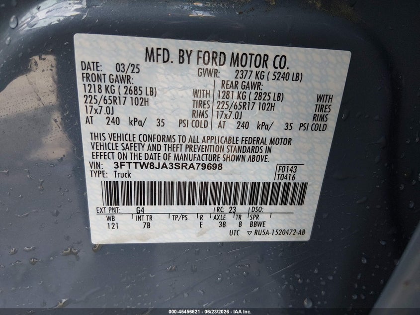 2025 Ford Maverick Xlt VIN: 3FTTW8JA3SRA79698 Lot: 45456621