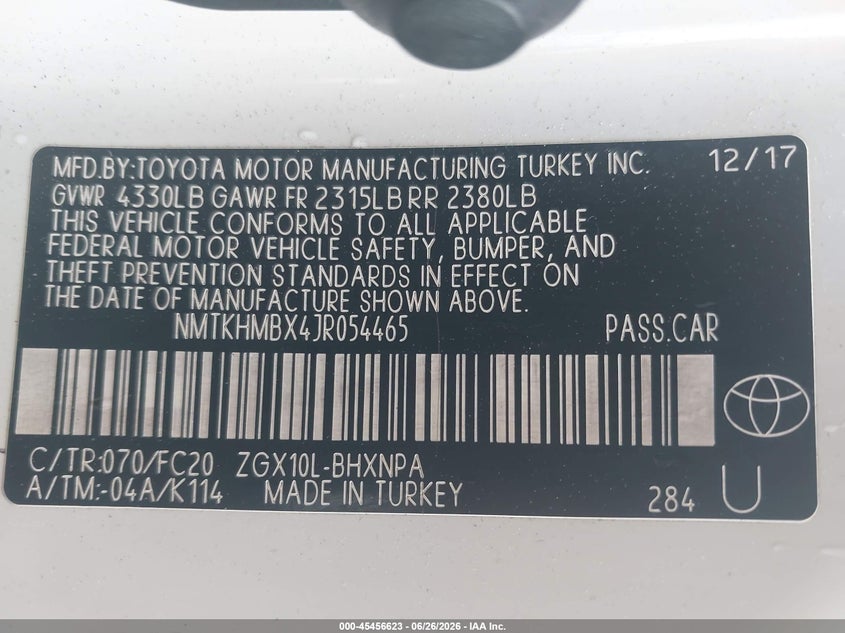 2018 Toyota C-Hr Xle Premium VIN: NMTKHMBX4JR054465 Lot: 45456623