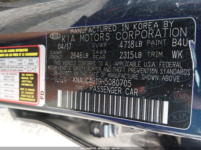 2017 Kia Cadenza Premium VIN: KNALC4J19H5080705 Lot: 45456749