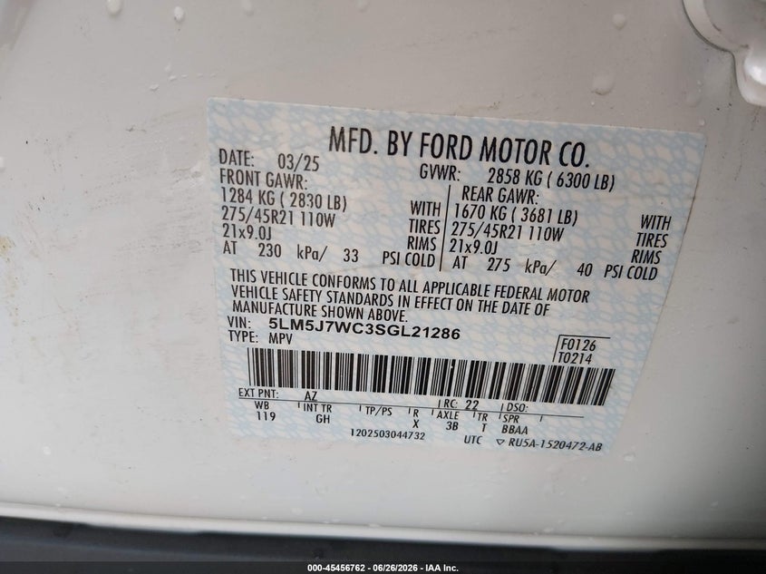 2025 Lincoln Aviator Reserve VIN: 5LM5J7WC3SGL21286 Lot: 45456762