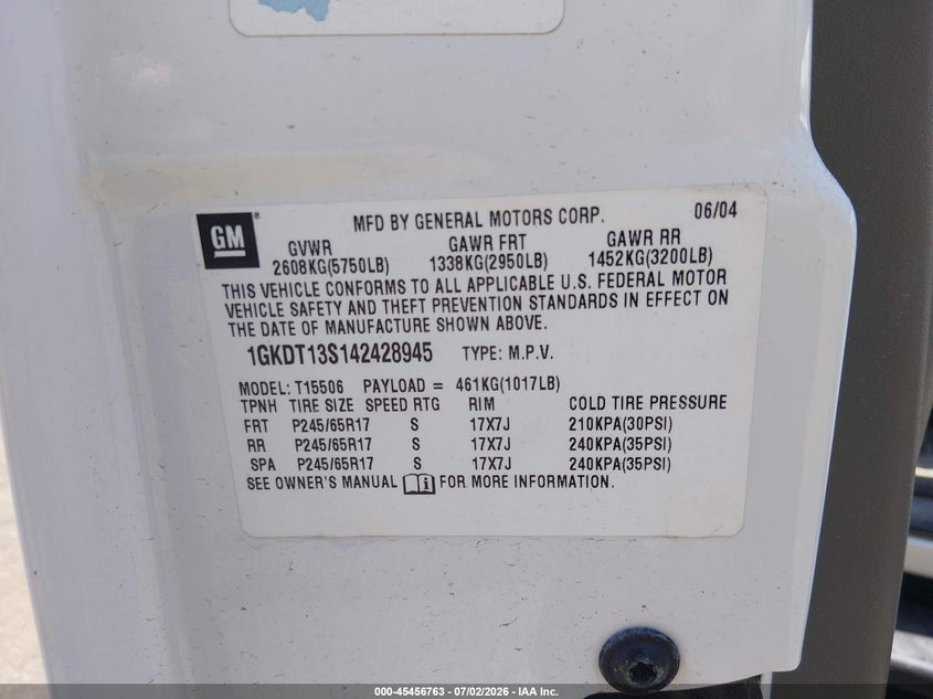 2004 GMC Envoy Slt VIN: 1GKDT13S142428945 Lot: 45456763