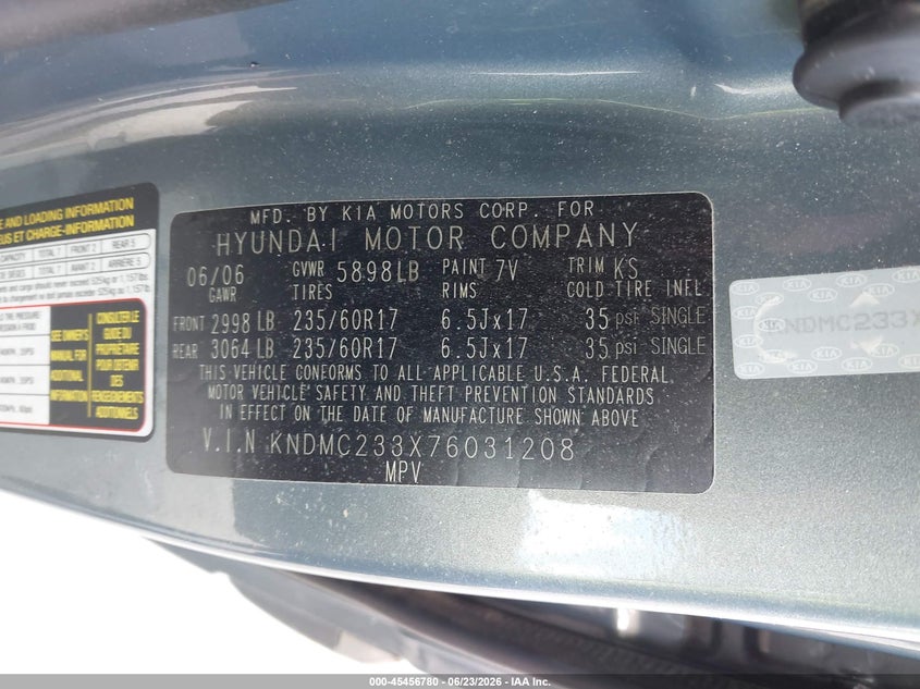 2007 Hyundai Entourage Gls/Limited/Se VIN: KNDMC233X76031208 Lot: 45456780