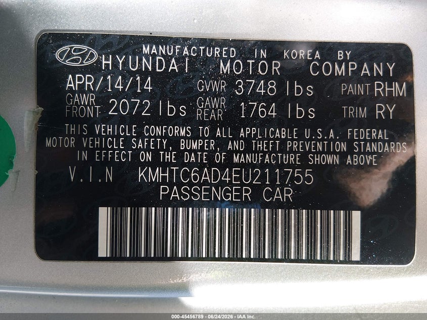 2014 Hyundai Veloster Base W/Black VIN: KMHTC6AD4EU211755 Lot: 45456789
