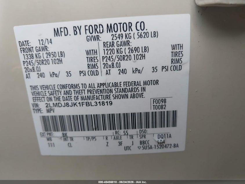 2015 Lincoln Mkx VIN: 2LMDJ8JK1FBL31819 Lot: 45456818