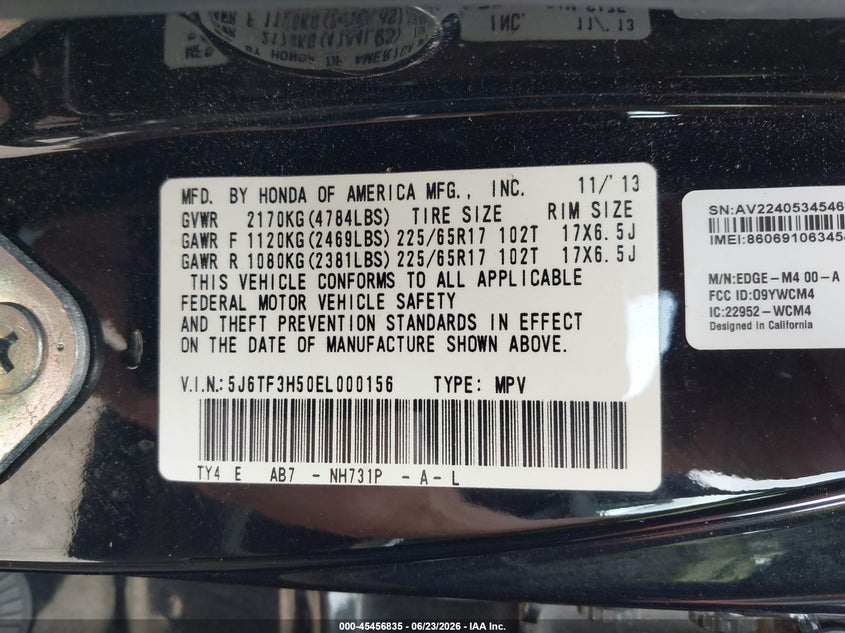 2014 Honda Crosstour Ex-L VIN: 5J6TF3H50EL000156 Lot: 45456835