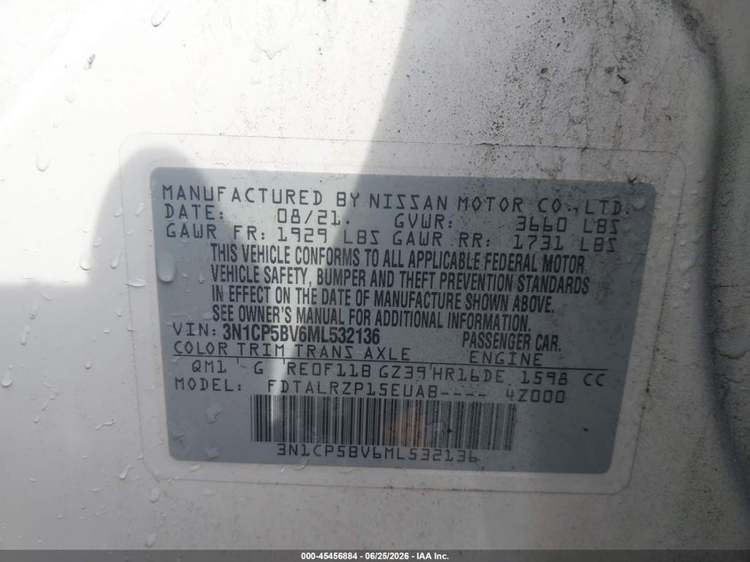 NISSAN KICKS 2021 VIN 3N1CP5BV6ML532136