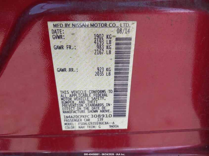2015 Nissan Leaf Sl VIN: 1N4AZ0CPXFC308910 Lot: 45456981