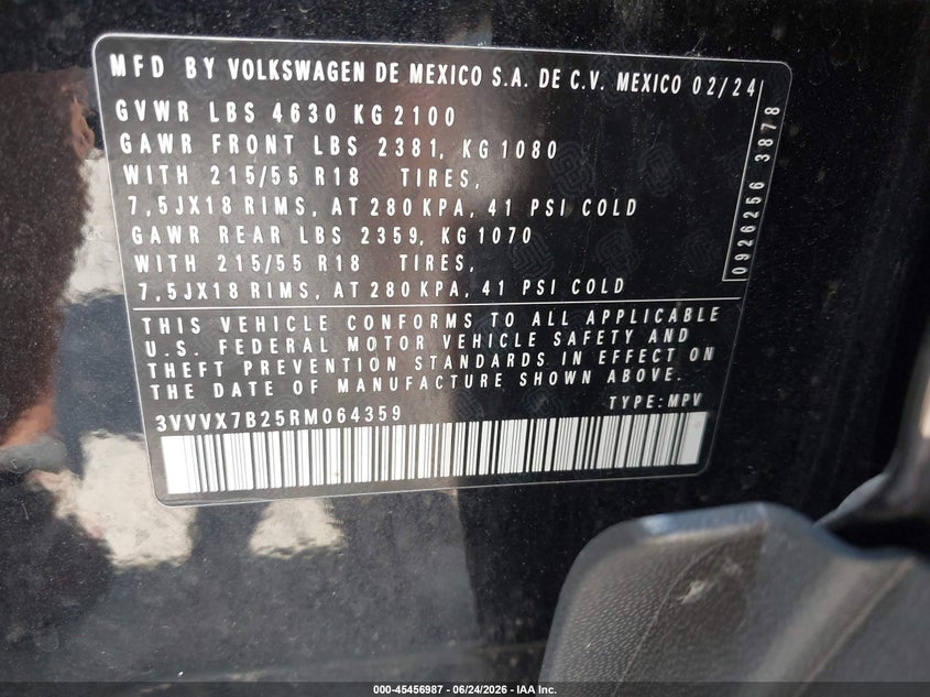 2024 Volkswagen Taos 1.5T Se VIN: 3VVVX7B25RM064359 Lot: 45456987