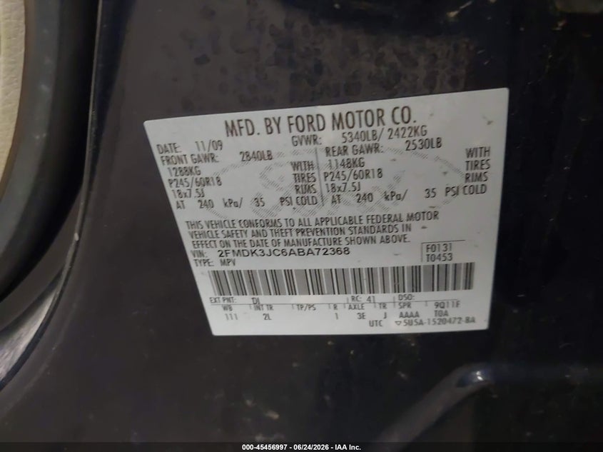 FORD EDGE 2010 VIN 2FMDK3JC6ABA72368